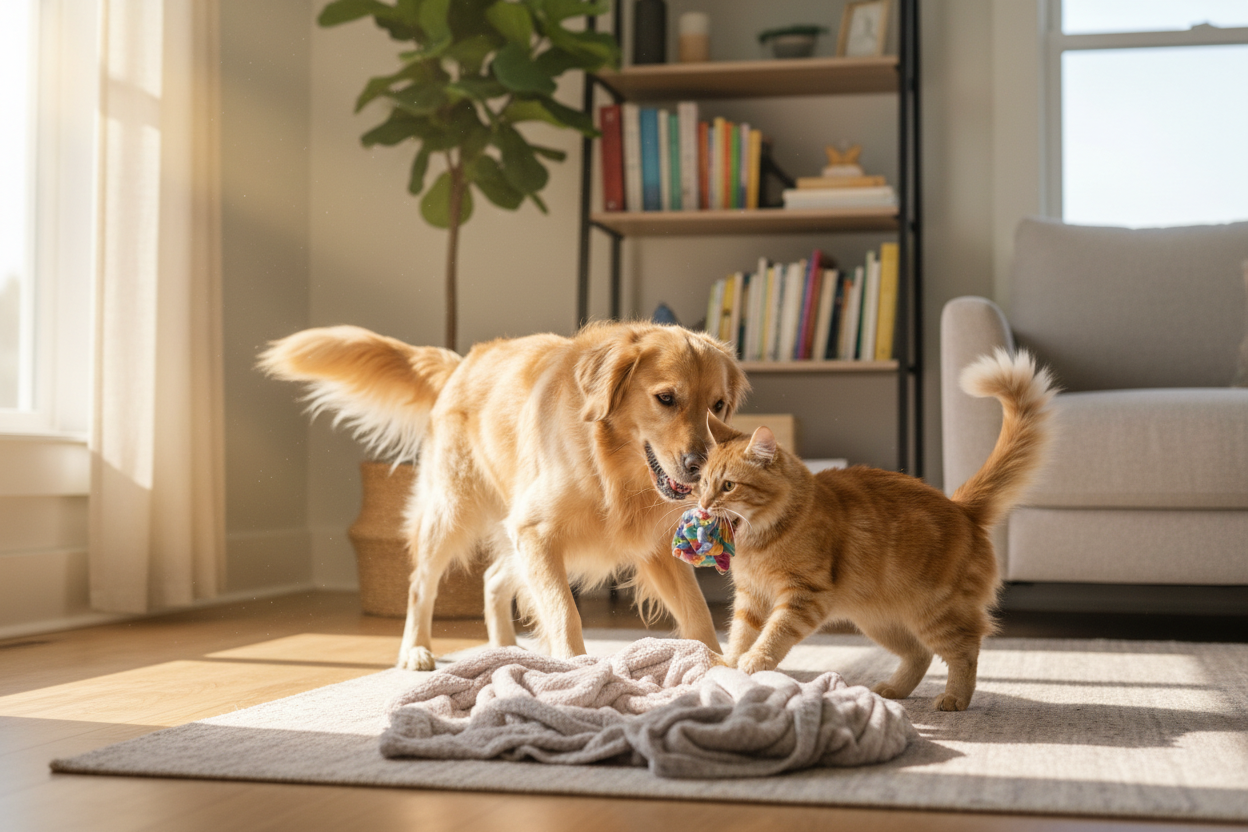 chien et chat qui s'amuse ensemle
